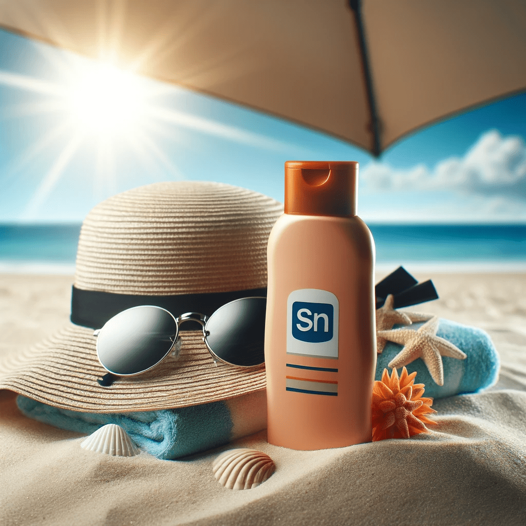 The image features a bottle of sunscreen with its label obscured, placed alongside a sun hat, sunglasses, and a beach towel. These items are set against a transparent backdrop, symbolizing the concept of sunburn prevention. The arrangement of the sunscreen, hat, glasses, and towel visually represents the essential measures for protecting skin from harmful sun rays, thus making it an apt illustration for the glossary term "Sunburn."