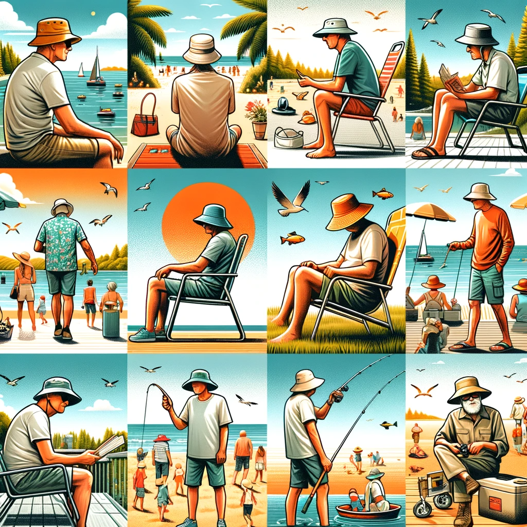 A diverse group of men and women wearing GearTOP Bucket Hats in various outdoor environments, demonstrating the hat's effectiveness in sun protection. This image represents the term 'Sunburn,' highlighting the significance of wearing protective gear like bucket hats for sunburn prevention.