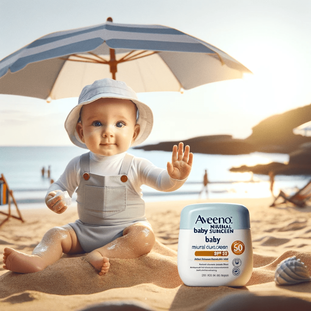 The baby under the beach umbrella showcases Aveeno Baby Mineral Sunscreen SPF 50, demonstrating adequate SPF protection in sunny conditions.