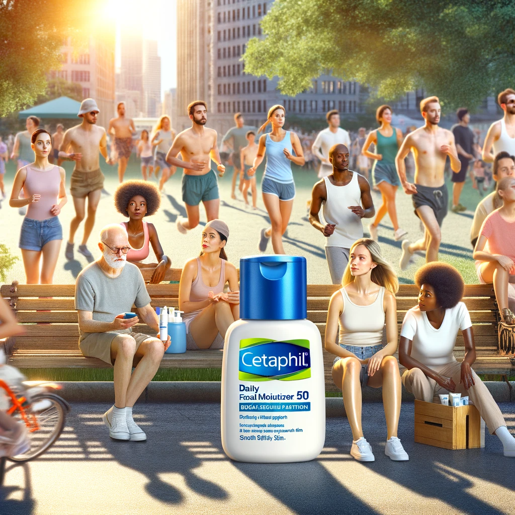 Diverse group outdoors enjoying a park or city street, representing Cetaphil Daily Facial Moisturizer SPF 50 benefits for SPF protection.