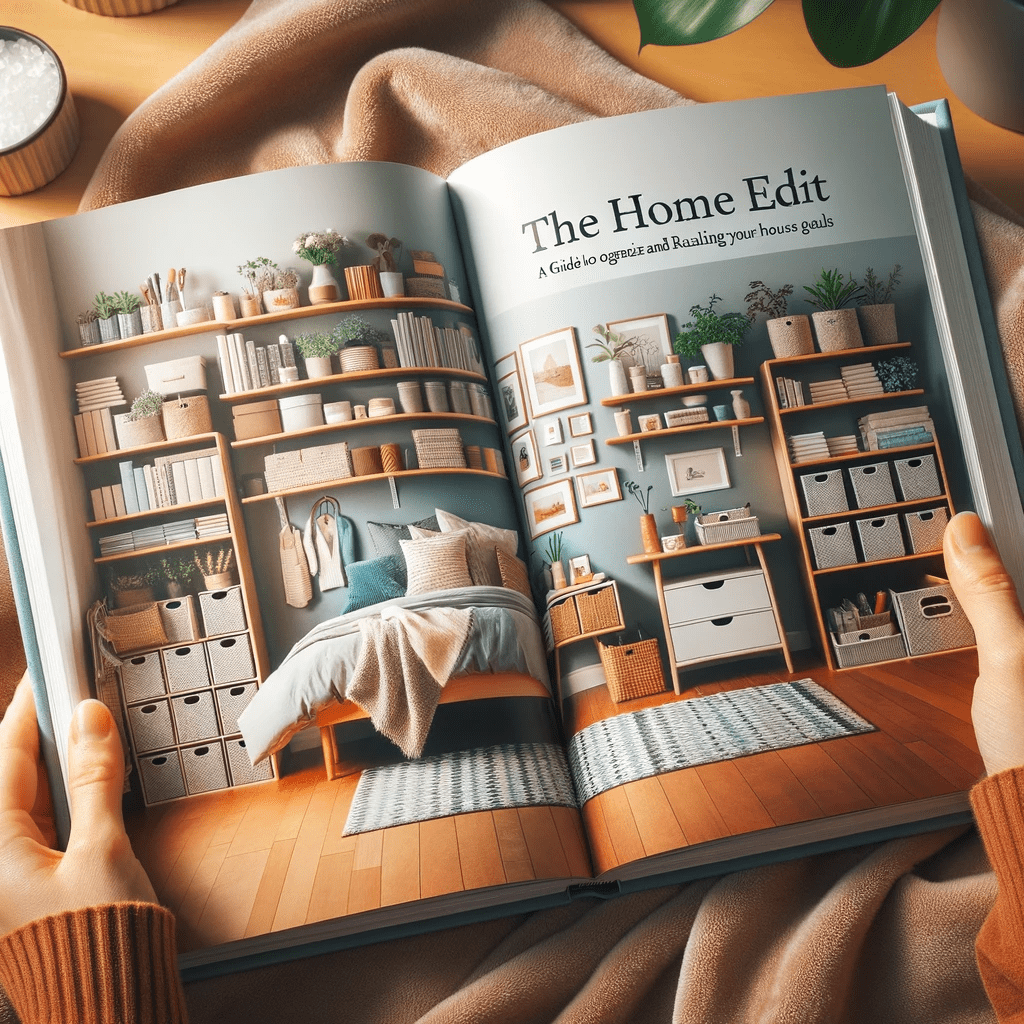 The open book displays beautifully arranged home interiors on its pages, representing 'The Home Edit: A Guide to Organizing and Realizing Your House Goals,' a resource for home organization.