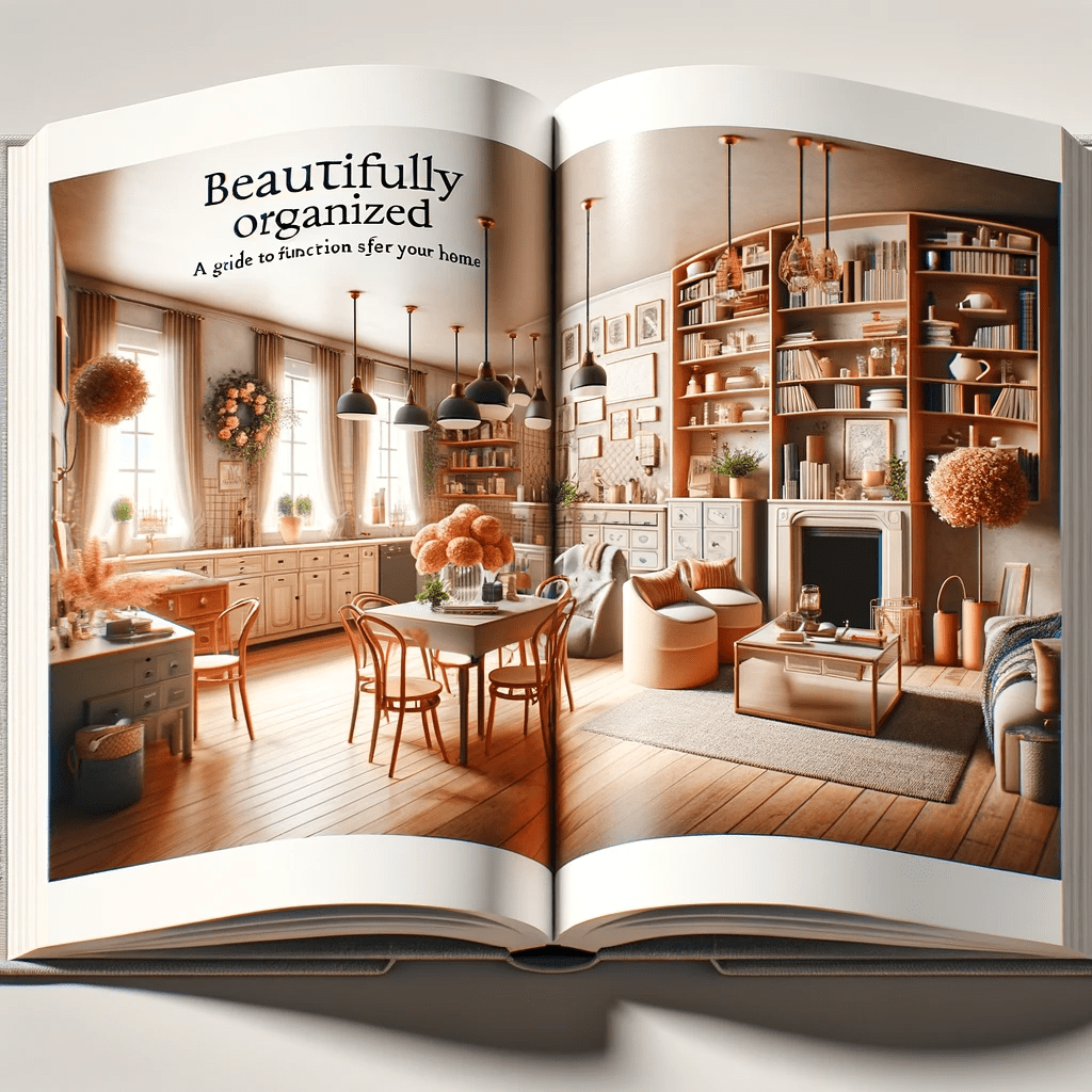 An open book showcasing 'Beautifully Organized: A Guide to Function and Style in Your Home,' featuring stylish and functional home organization ideas, perfect for the glossary term 'Home Organization.'