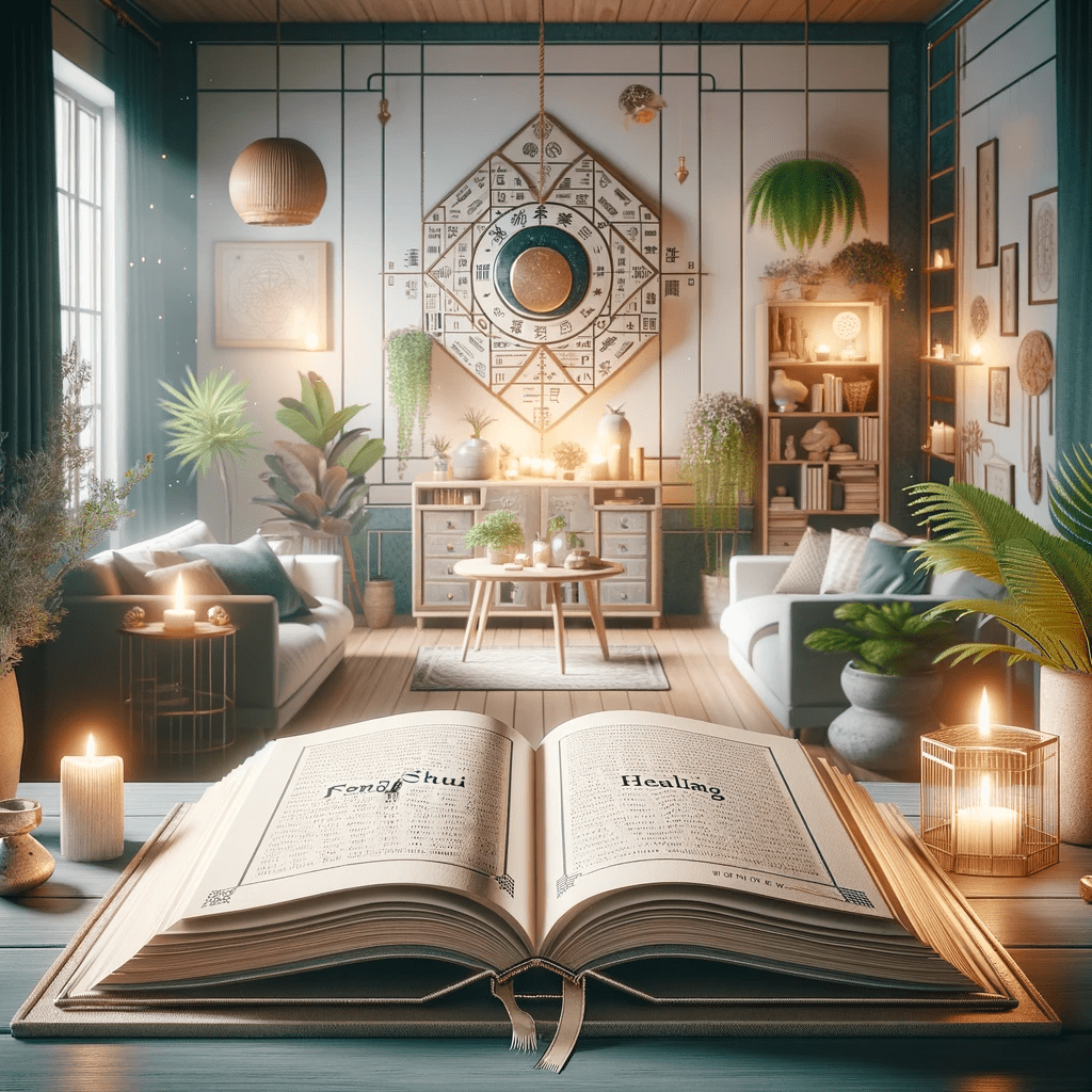 An illustrated open book on Feng Shui for healing, depicted in a serene home environment symbolizing wellness and harmony. The setting conveys a sense of tranquillity and balance, reflecting the principles of Feng Shui.