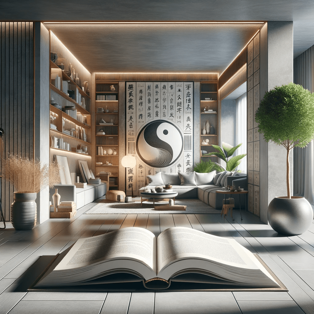 An open book titled 'Feng Shui Modern' is set in a minimalist home environment, illustrating the concept of Feng Shui. The image captures the essence of integrating Feng Shui principles into contemporary home design for a balanced and harmonious living space.