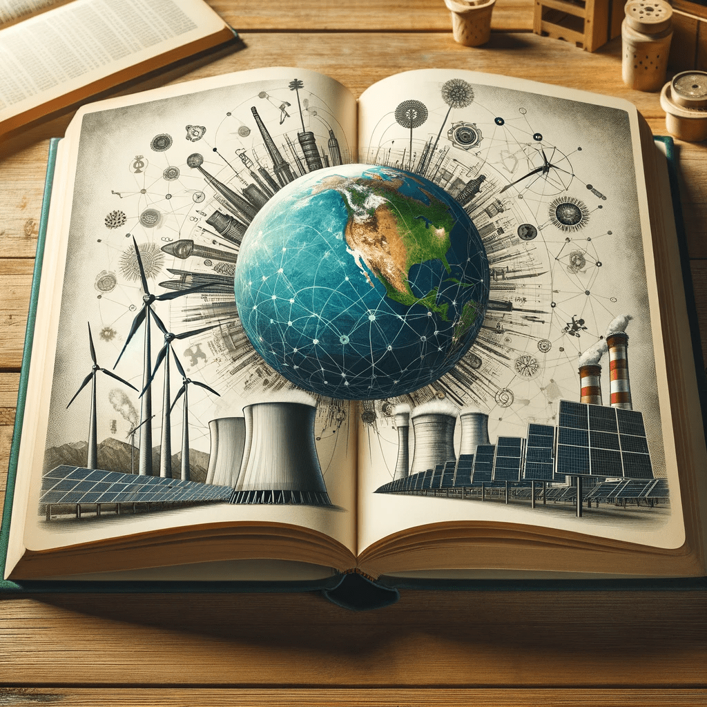 Image of an open book on a wooden table, visually representing the theme of sustainable energy for the 'Sustainable' post. The book's pages are illustrated with images of wind turbines, solar panels, and a nuclear power plant, along with a globe depicting interconnected energy networks, symbolizing international cooperation in sustainable energy solutions.