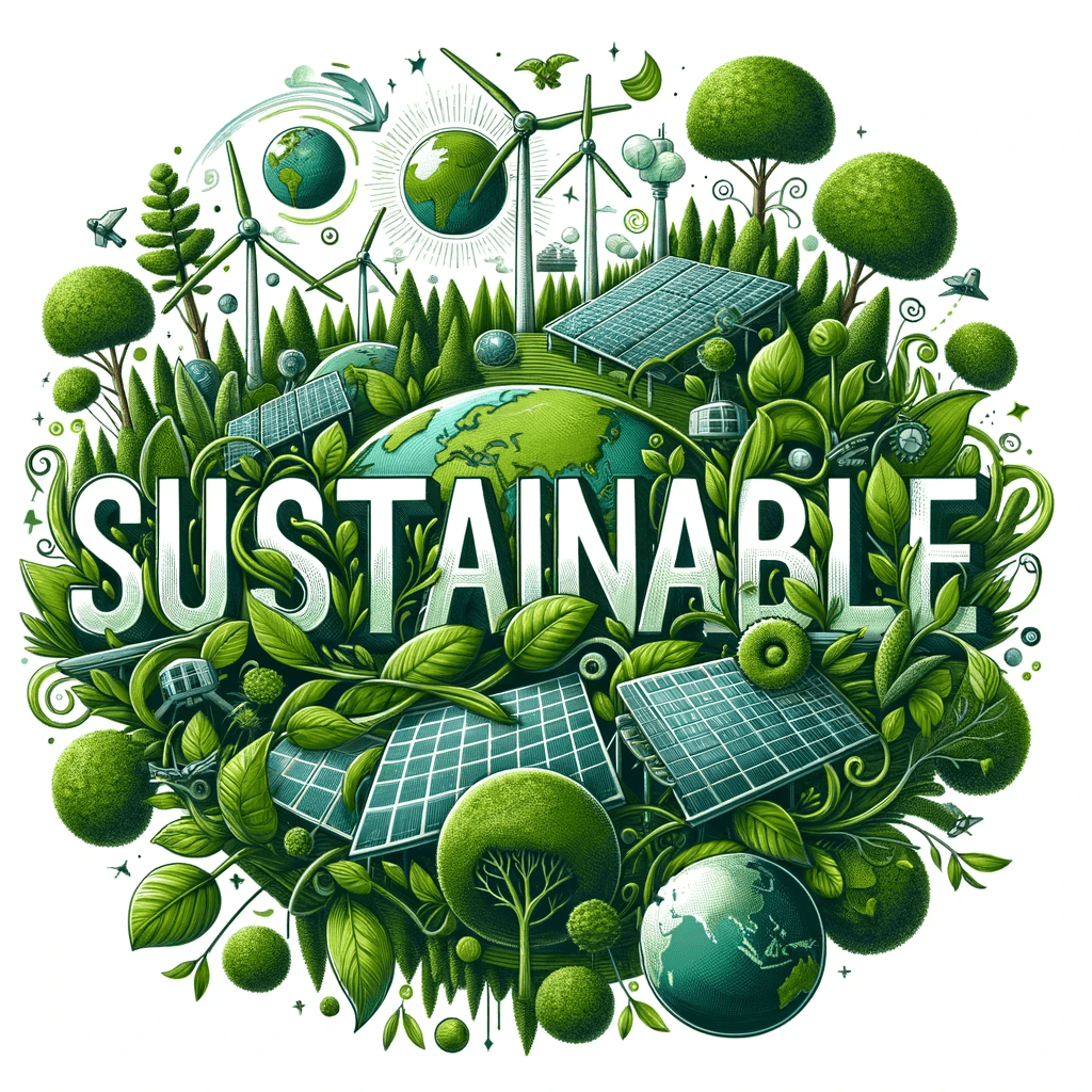 Image featuring the word 'Sustainable' written in vibrant green, flourishing letters, set against a backdrop that includes imagery of the Earth, solar panels, wind turbines, and lush green trees. This visual serves as the feature image for a post centered around the keyword 'Sustainable', embodying the essence of environmental consciousness and renewable energy.