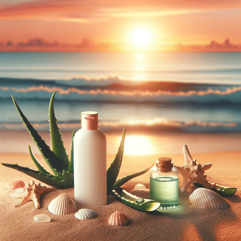 Feature image for 'After Sun Moisturizer' post, depicting a tranquil beach scene at sunset. The scene includes a bottle of after-sun lotion and scattered aloe vera leaves, capturing the essence of skin care and relief following sun exposure. This visual perfectly aligns with the keyword 'after-sun moisturizer'.