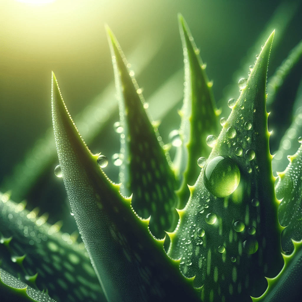 Feature image representing the glossary term 'Aloe Vera', showing a close-up of vibrant, fresh aloe vera leaves with dew drops. The image emphasizes the soothing and healing properties of aloe vera, aligning with the keyword 'aloe vera'.