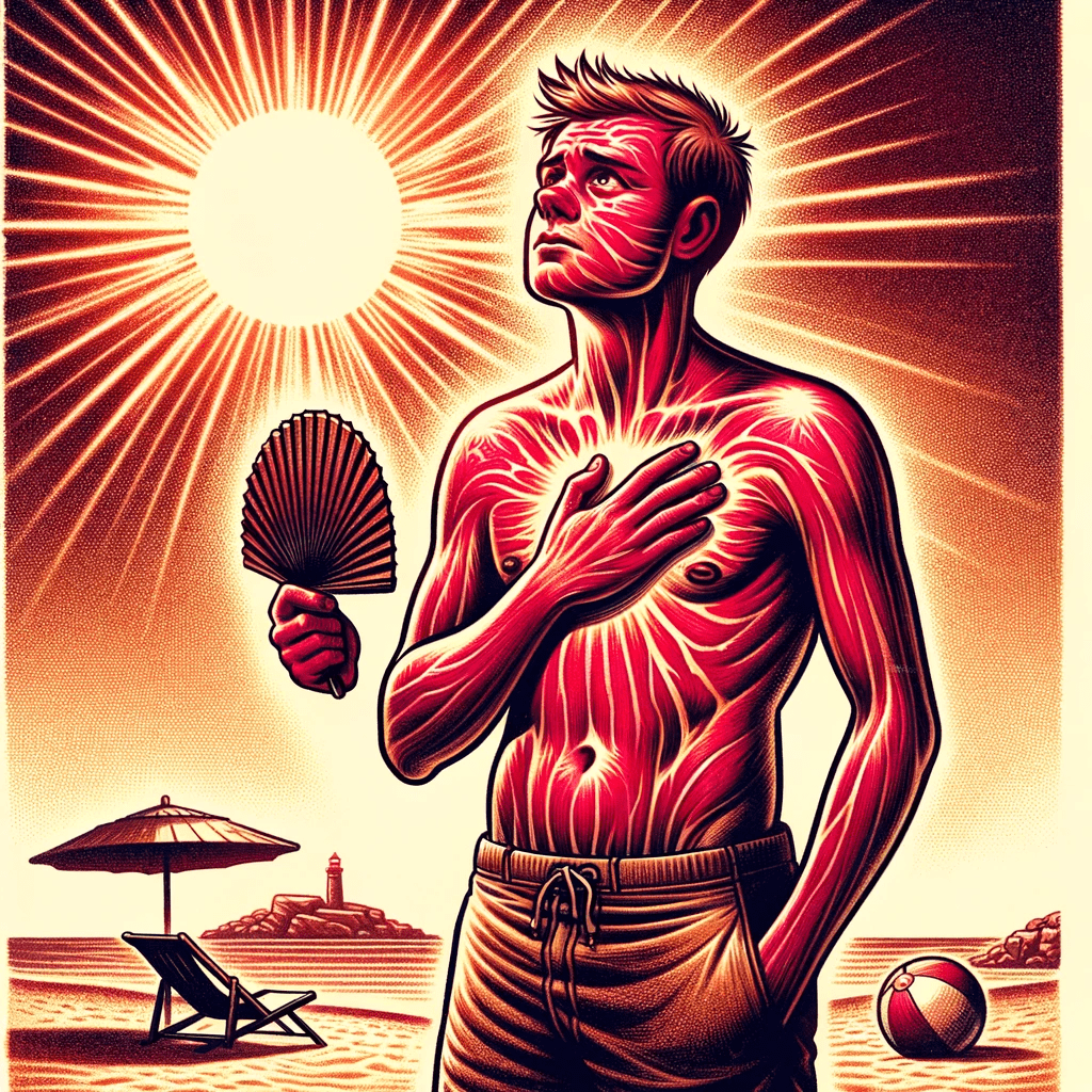 A person with sunburned skin feels discomfort under harsh sunlight, symbolizing the glossary term 'sunburn' with a vivid depiction of intense sun and beach setting.