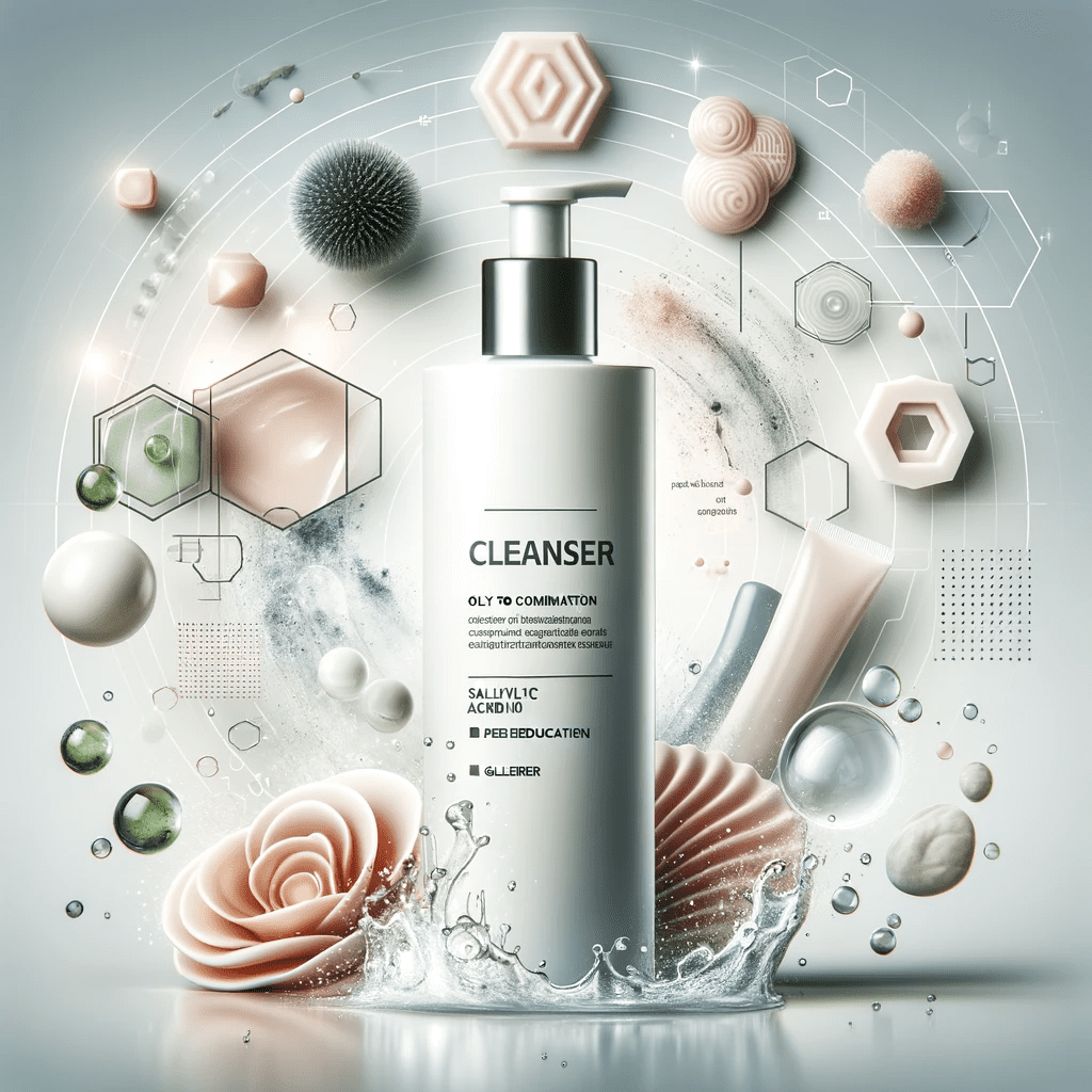 Product image of a facial cleanser bottle designed for oily to combination skin, visually enhanced by elements representing its cleansing and skin-improving benefits, highlighting the keyword 'cleanser.'