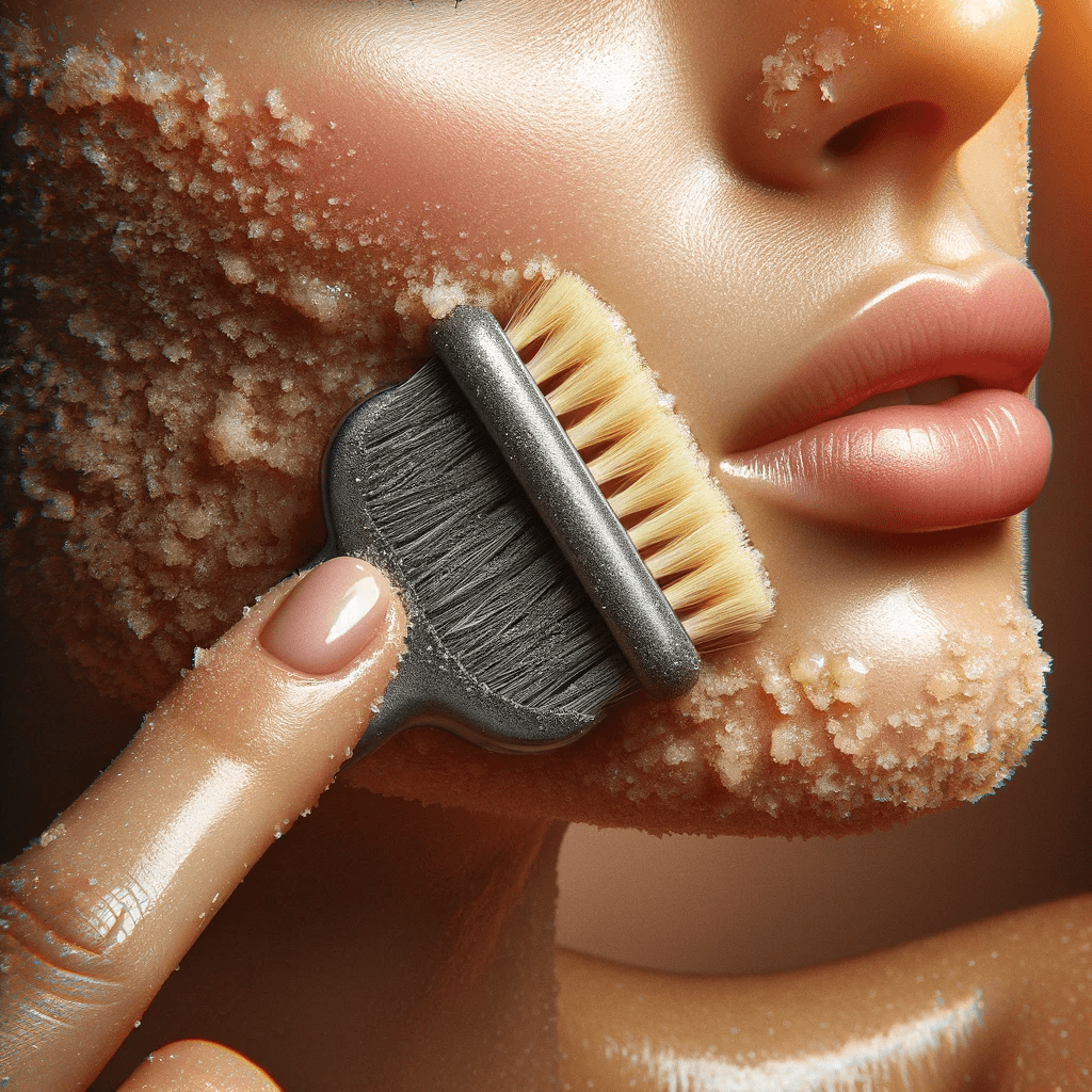 Close-up view of a human hand using a scrub brush on a face for physical exfoliation, highlighting the skincare process for the glossary term 'Exfoliation.'