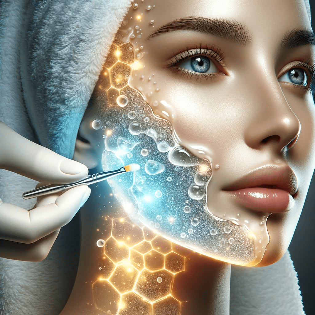 Conceptual image of chemical exfoliation with a glowing translucent layer on a person's face, symbolizing advanced skin care for the glossary term 'Exfoliation.'