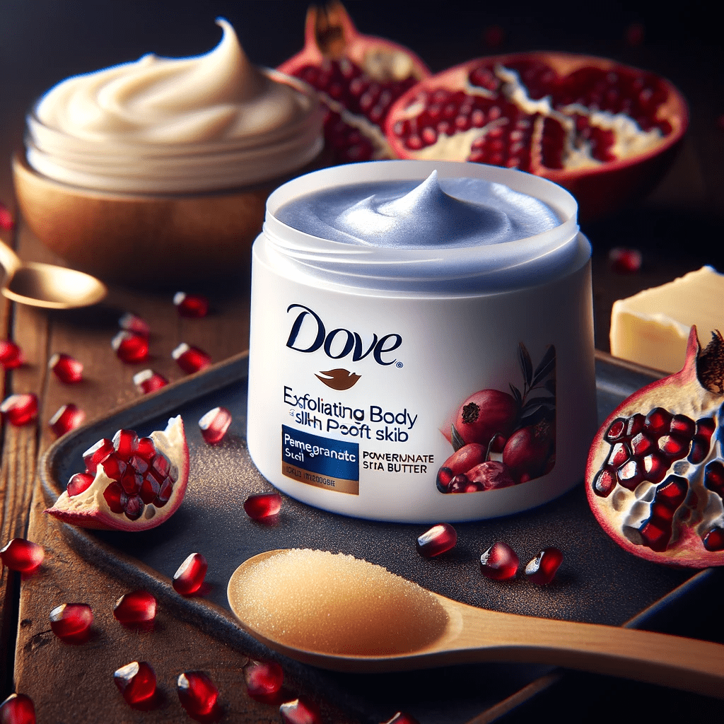 The product image of Dove Exfoliating Body Polish Scrub with Pomegranate and Shea Butter highlights its texture and natural ingredients for 'Exfoliation.'