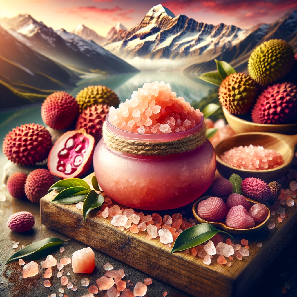 The vibrant product image of Majestic Pure Himalayan Salt Body Scrub with Lychee Oil highlights its rich texture and vital natural ingredients.