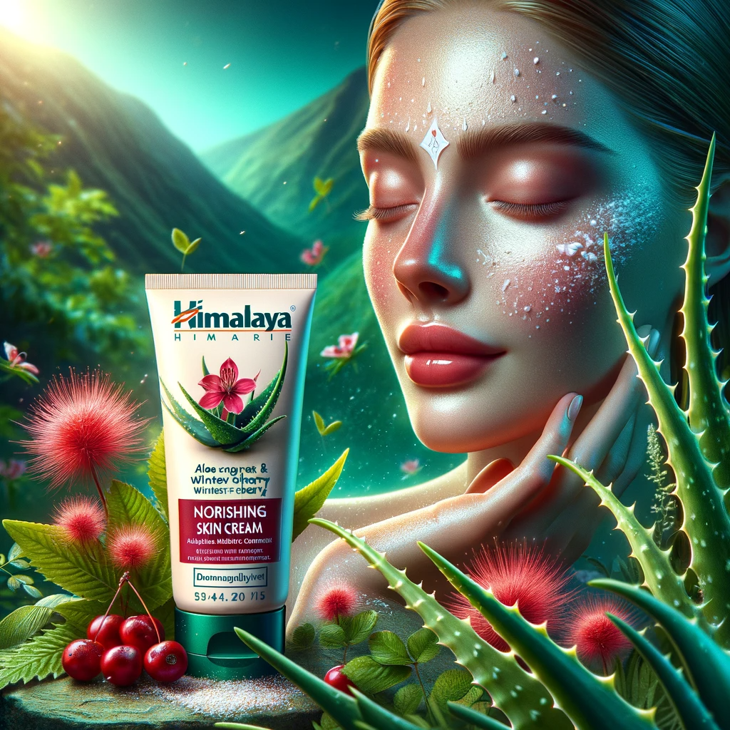 A vivid portrayal of Himalaya Nourishing Skin Cream, highlighting its natural ingredients like aloe vera and winter cherry, which make it an ideal moisturizer.