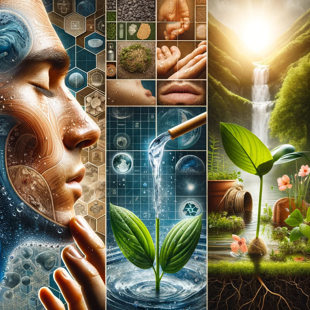 A collage showcasing the multifaceted concept of Hydration: a close-up of healthy, moisturized human skin, a thriving plant symbolizing plant growth through Hydration, and a balanced ecological environment, serving as the feature image for the meaning of 'Hydration.'