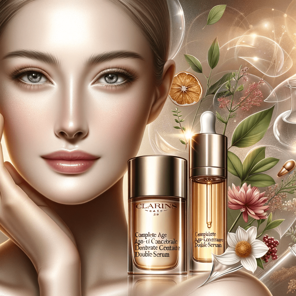 A product image showcasing the Clarins Complete Age Control Concentrate Double Serum features a radiant, healthy-looking face to symbolize the serum's rejuvenating and anti-aging effects, representing the essence of the Clarins brand.