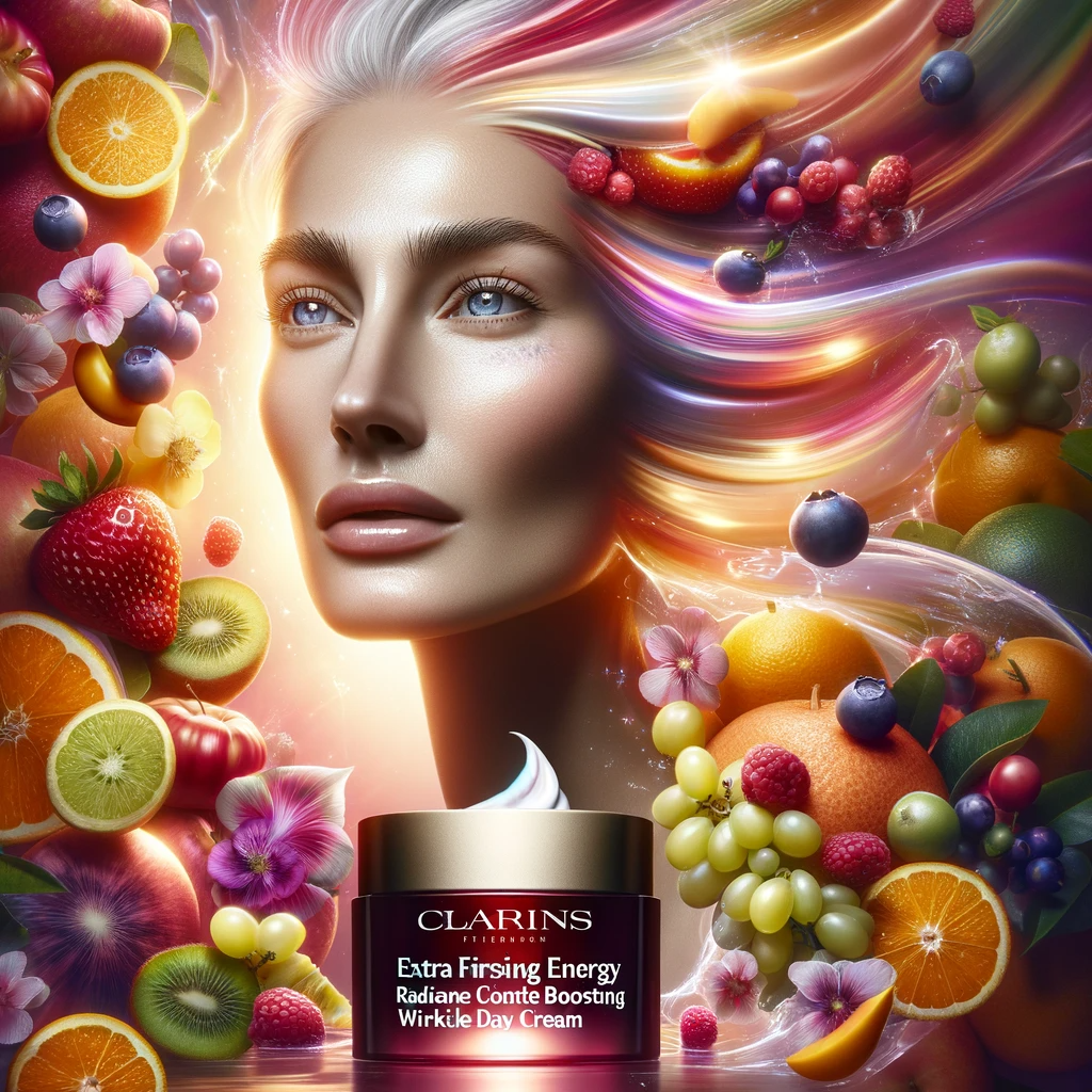 A high-quality image showcasing Clarins Extra-Firming Energy Radiance Boosting Wrinkle Control Day Cream, emphasizing a revitalized and radiant complexion, which embodies the effectiveness and essence of Clarins skincare products.