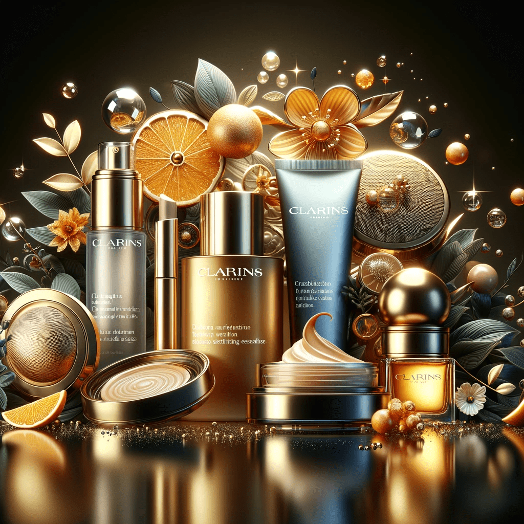 An elegant portrayal of Clarins, a renowned French cosmetics and skincare brand, featuring luxury skincare, makeup, and fragrance products infused with natural plant extracts and advanced technology, representing the essence of Clarins.