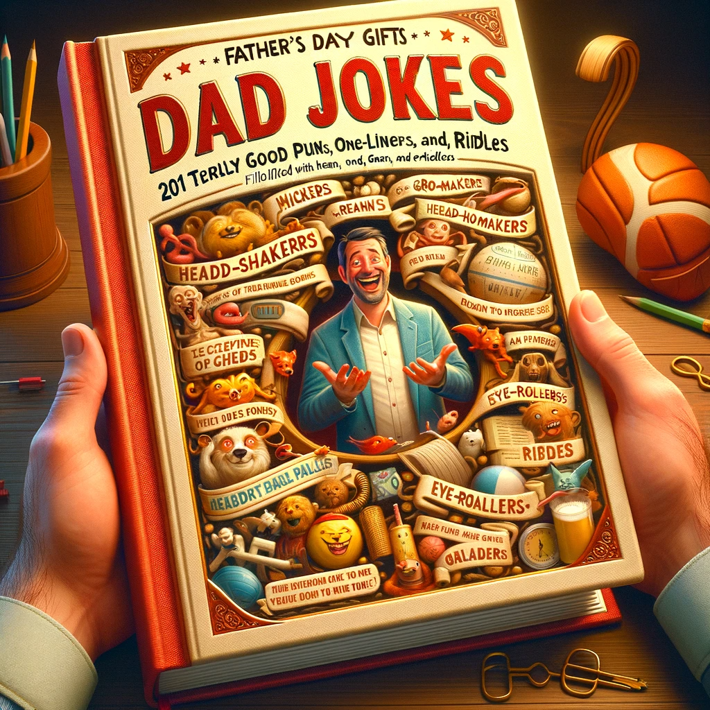 A product image of an open book visually representing 'Father's Day Gifts: Dad Jokes,' with a collection of 201 puns and one-liners, ideal for the glossary term post 'When Is Father's Day?'