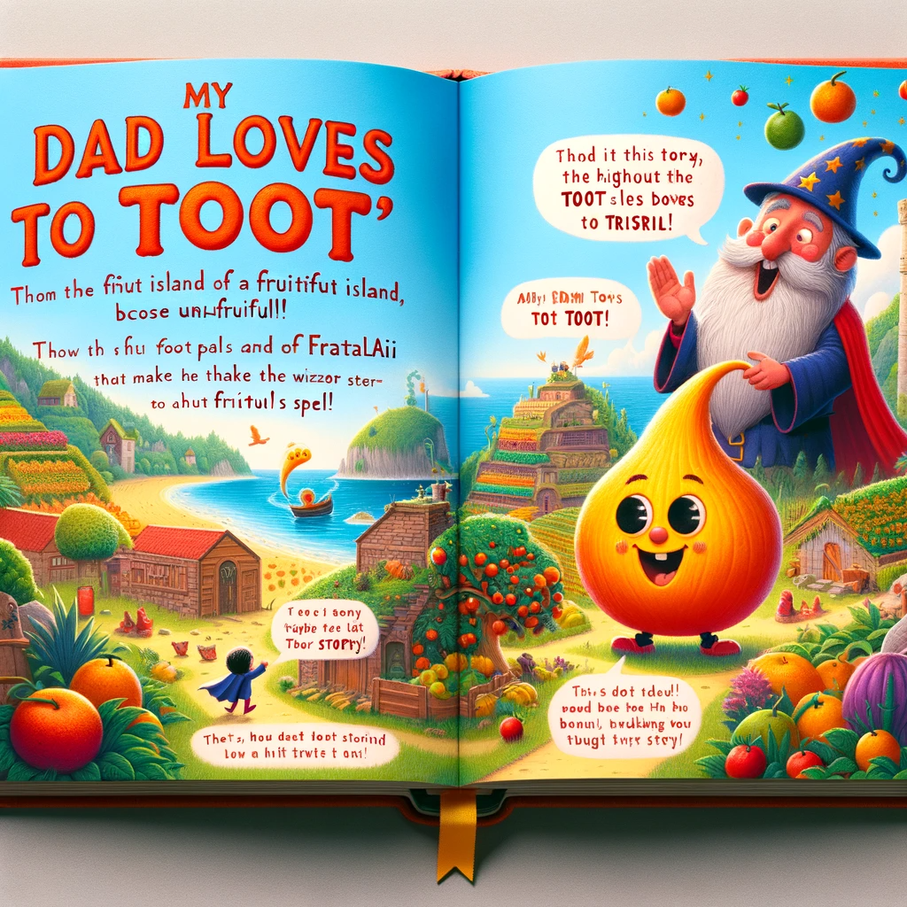 A product image of an open book depicting 'My Dad Loves to Toot' story, illustrating Tootin' Tom's humorous tales, ideal for the glossary term post 'When Is Father's Day?'