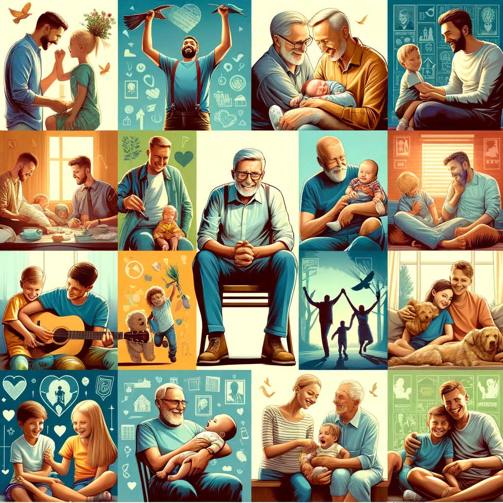 A feature image for the 'Father's Day' glossary term showcases fathers of all ages, from young dads to grandfathers, emphasizing their diverse roles and contributions to family life.