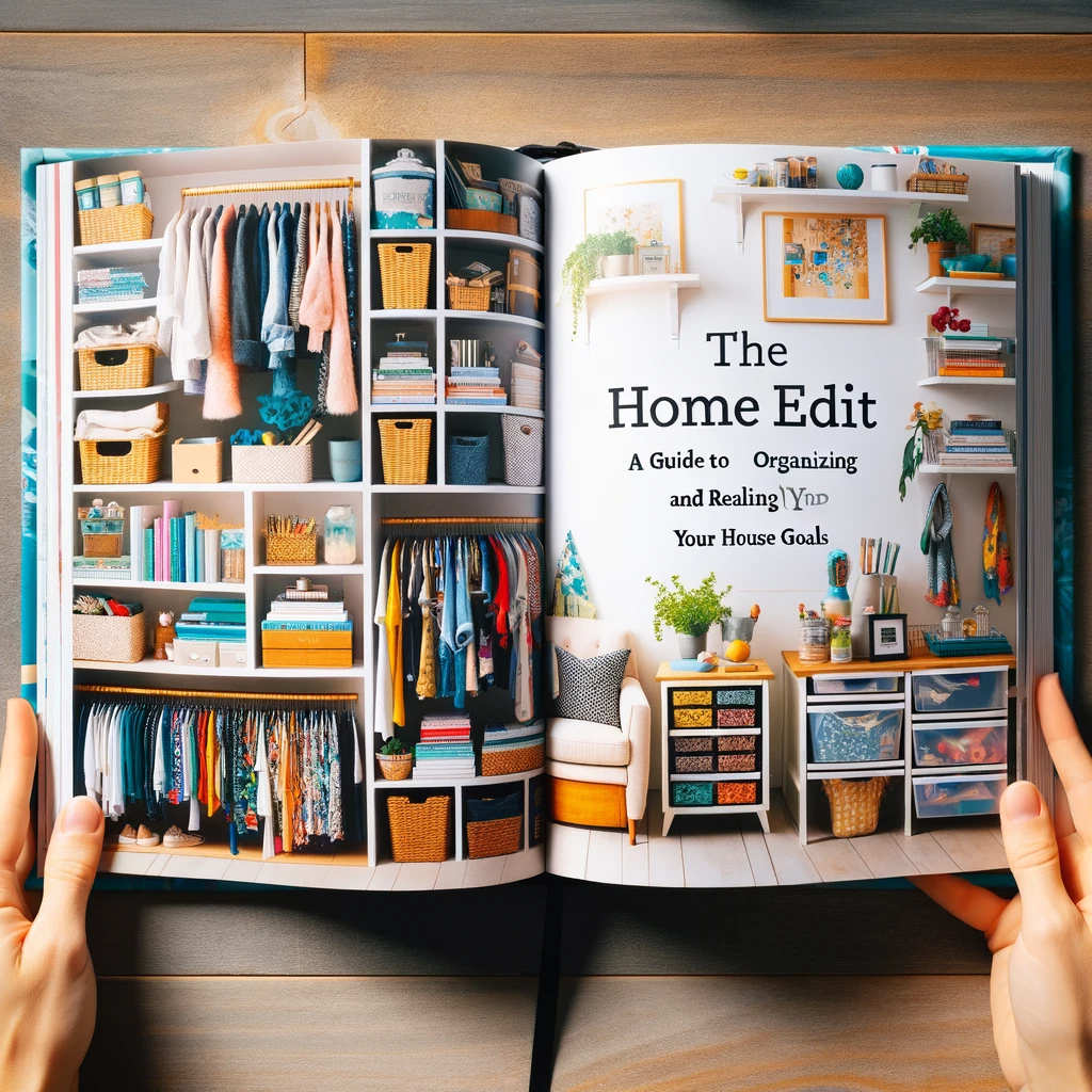 The open book visually depicts 'The Home Edit: A Guide to Organizing and Realizing Your House Goals' with organized home spaces, perfect for this blog post.