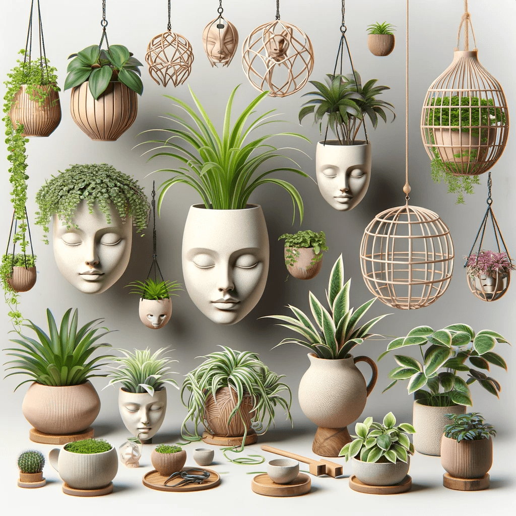 Collection of Spider Plant accessories featuring face planter pots, resin indoor planters, artificial terrarium plants, and hanging baskets for creating a happy home atmosphere.