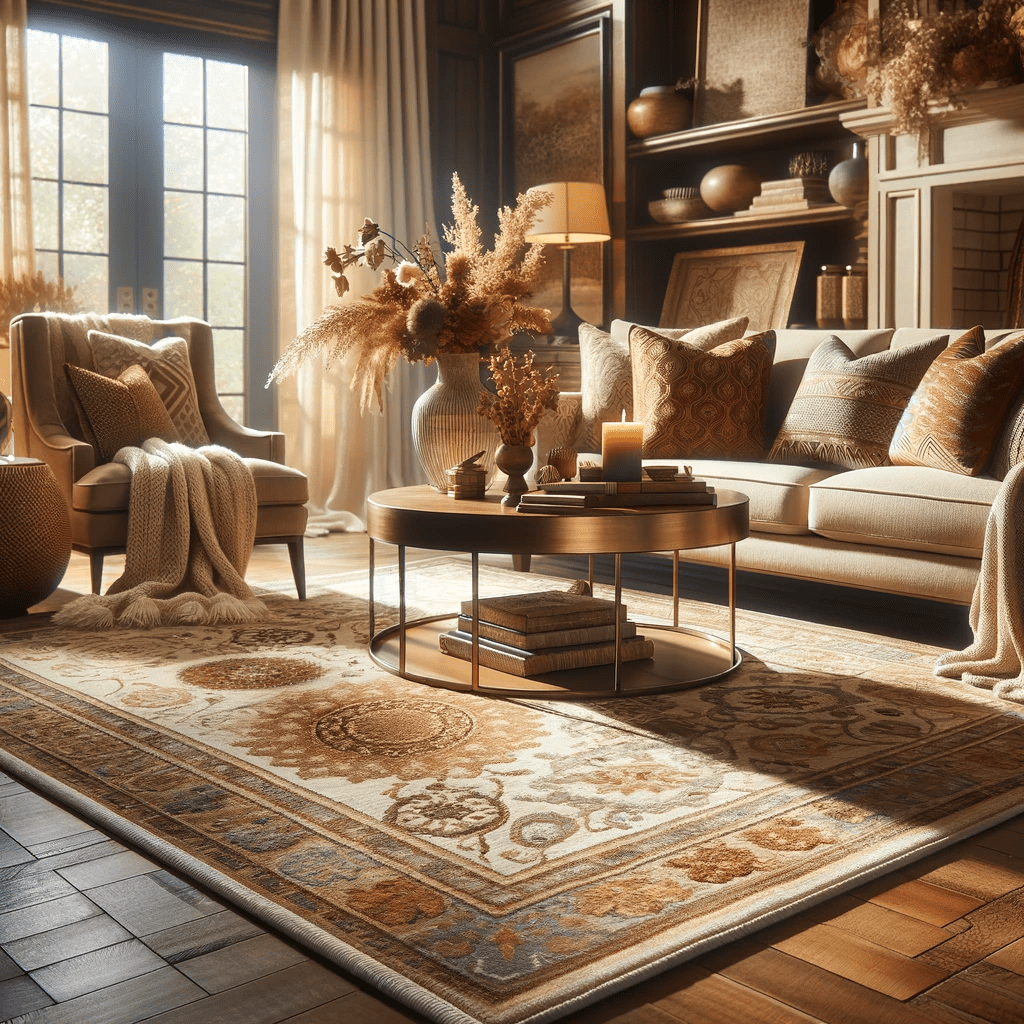 The warm and inviting interior featuring Earthy Tones Area Rugs by Safavieh showcases rich colours and intricate patterns for a happy home.