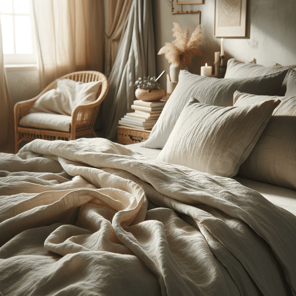 Cozy bedroom scene with a Natural Linen Cover Set, illustrating a serene, comfortable home as featured in 'The Ultimate Guide to Creating a Happy Home.'