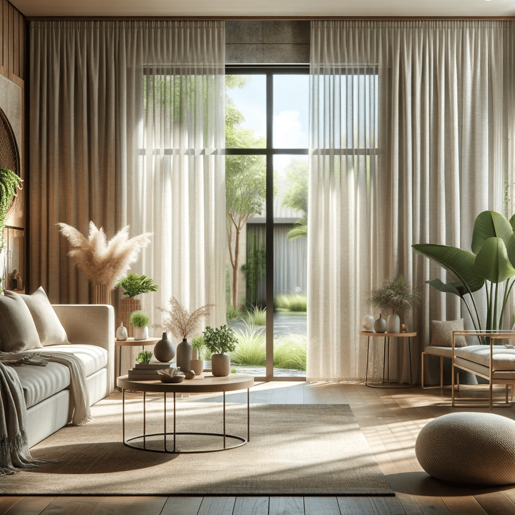 A modern living room featuring a large window draped with natural, eco-friendly curtains. The room is filled with natural light, enhancing the warm and inviting atmosphere. The interior is tastefully decorated with comfortable furniture, indoor plants, and decorative elements that create a sense of tranquillity and connection to nature. The image focuses on the window and the organic curtains, symbolizing a serene and environmentally conscious lifestyle.