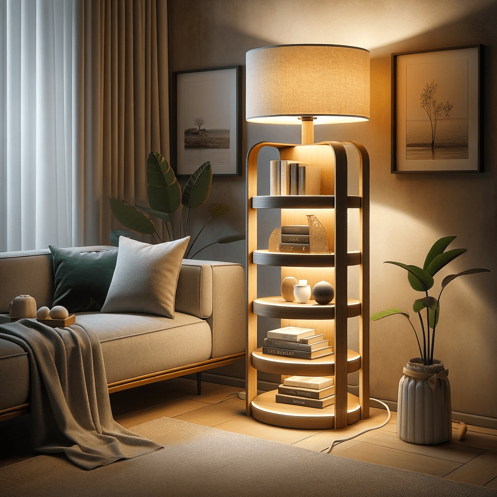 This image depicts a modern living room with shelves enhanced by a CNXIN 4-tier Floor Lamp. The lamp features a sleek wooden design with four tiers, topped with a linen shade. It emits a soft, welcoming light, creating a happy and serene home atmosphere. The shelves are adorned with decorative items and books, adding a personal touch to the space and showcasing the lamp's dual functionality as both a light source and a storage solution. The overall ambiance of the room reflects a harmonious and joyful living environment.