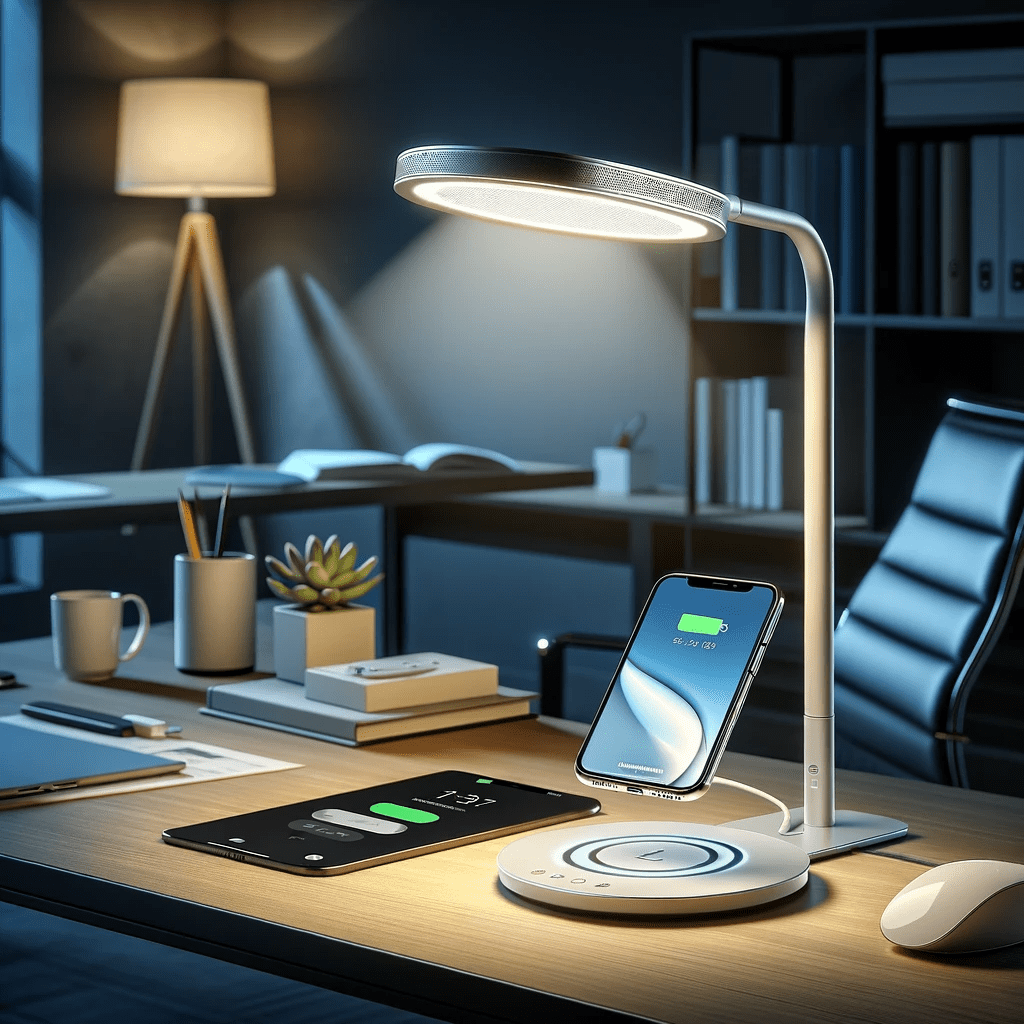 This image features a sleek and modern workspace that contributes to creating a happy home. An LED Desk Lamp with a wireless charger and USB charging port is central to the scene. The lamp is adjustable, highlighting its versatility with six brightness levels and five lighting modes, perfect for various needs and moods. The workspace is well-organized and inviting, with the lamp's touch control and dimmable features providing eye-caring light, essential for both productivity and comfort. An electronic device is placed on the wireless charging area of the lamp, demonstrating its multifunctionality and how modern technology can enhance the comfort and efficiency of a home environment.