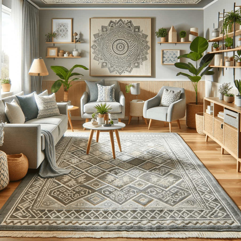 This image depicts a cozy and inviting living room integral to creating a happy home. It features the NuLOOM Moroccan Blythe Machine Washable Area Rug in grey, sized 5' x 8'. With its intricate Moroccan design, the rug is placed centrally, adding warmth and style to the room. Complementing the rug are comfortable seating, lush indoor plants, and soft lighting, all contributing to a harmonious and cheerful atmosphere. The overall setting illustrates how thoughtful decor, like a stylish rug, can enhance the comfort and joy of a home.