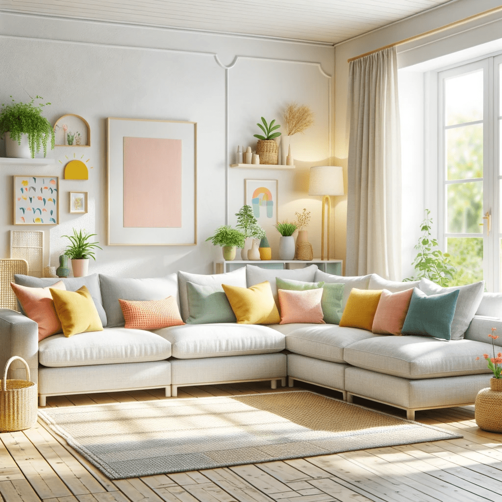 This image showcases a bright and cheerful living room, ideal for creating a happy home. It features the Mr. Kate Winston Reversible Sofa Sectional in light gray linen, ideally in a spacious room bathed in natural light. The living room is beautifully decorated with colourful cushions, a cozy rug, and indoor plants, all enhancing the modern and comfortable design of the sofa. This setting embodies relaxation and joy, making it an ideal spot for family gatherings or peaceful moments of solitude, contributing to the overall sense of happiness in the home.