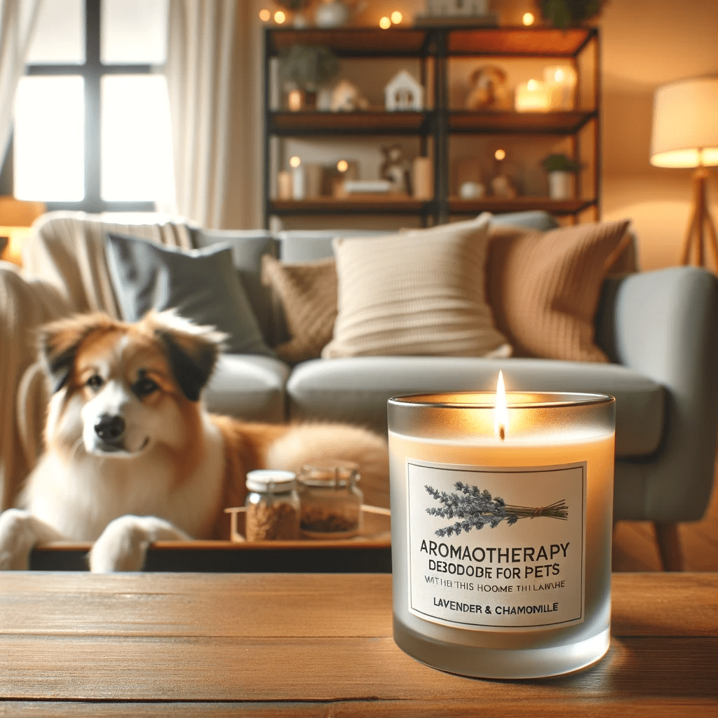 This image shows a warm and inviting living room in a happy home setting, featuring an Aromatherapy Deodorizing Soy candle for Pets with a Lavender and chamomile scent. The candle on a coffee table emits a soft glow and a soothing aroma. The room is comfortably furnished and includes a pet lounging contentedly nearby. Soft lighting and cozy decor fill the space, creating a tranquil atmosphere for homeowners and their pets.