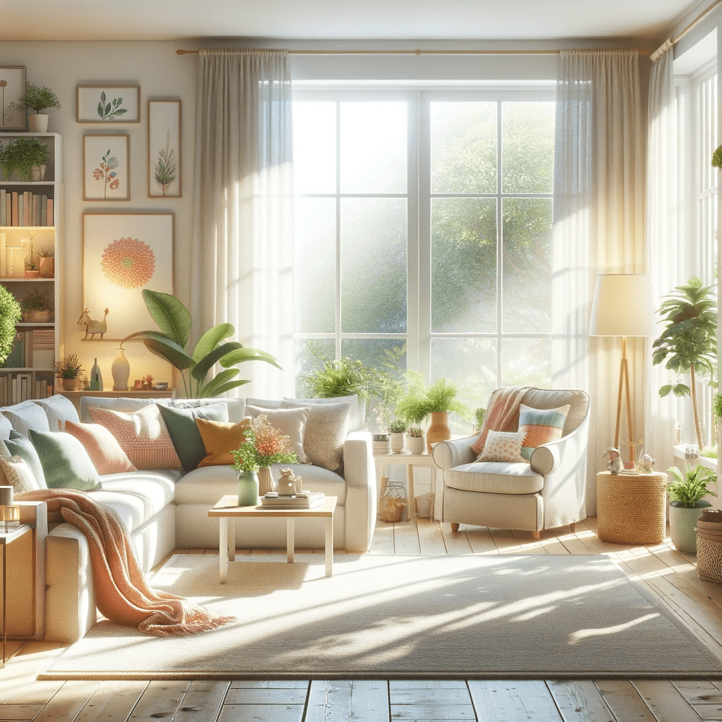 Illustration of a serene and inviting living room, bathed in natural light from large windows. The room features a cozy seating area with plush sofas and vibrant throw pillows. The reading corner boasts a comfortable armchair, a small bookshelf, and a soft floor lamp. Indoor plants add a touch of nature, and the walls are adorned with cheerful, calming art, embodying the essence of a happy home.