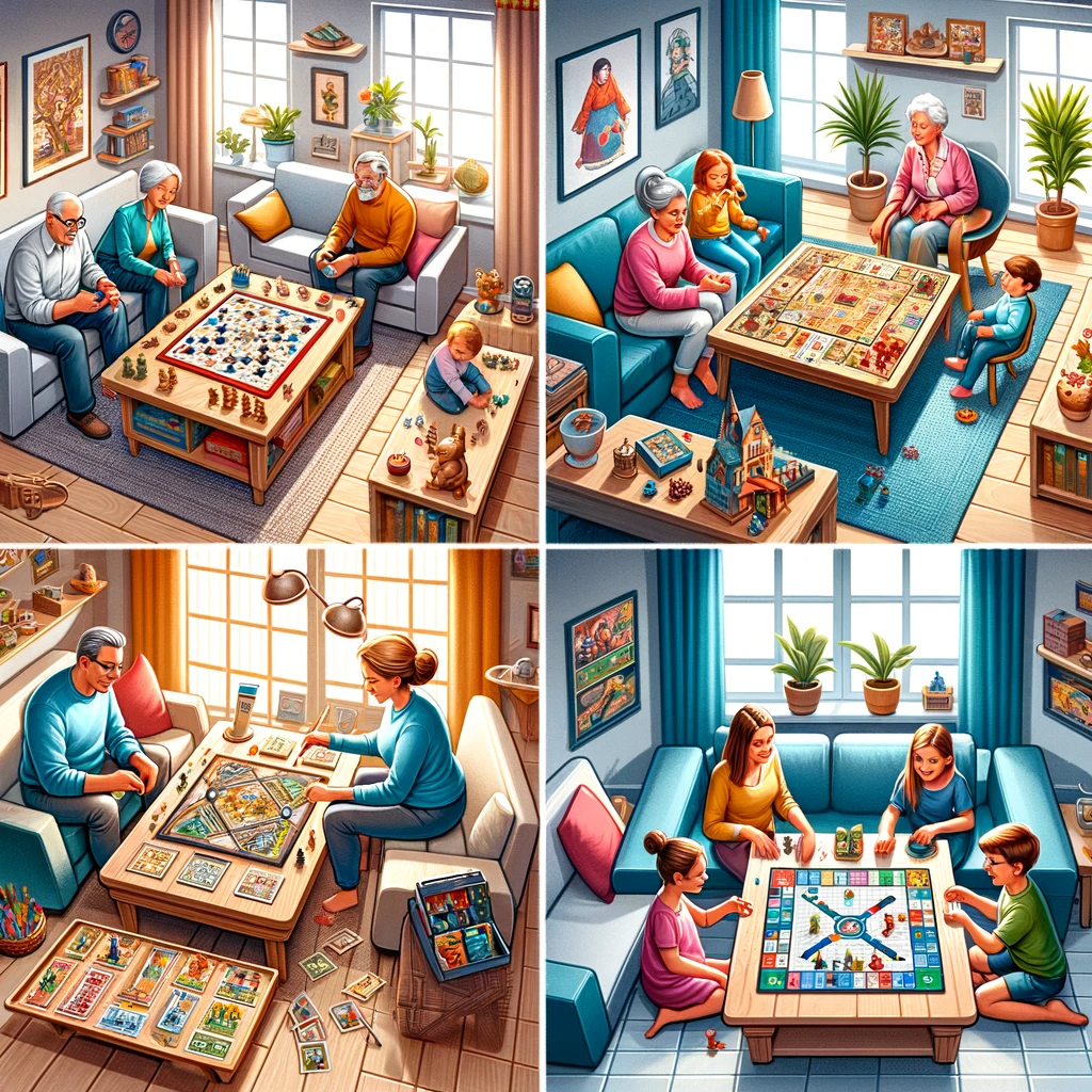 Image of a living room divided into four sections, each with a different board game. One corner shows adults deeply engaged in a complex strategy game with detailed pieces. Adjacent, young children and adults enjoy a playful, colourful board game with large, simple pieces. In the third section, older kids and adults are absorbed in a mystery-themed board game with cards and an intriguing board design. The final area features teens and adults playing interactive trivia on a dynamic board. The lively scene captures the inclusive joy of board games for all ages.