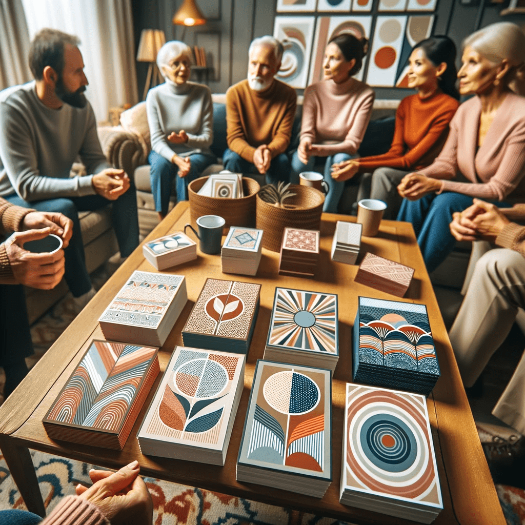 A diverse group of people is engaged in lively conversations in a cozy living room. At the center, a coffee table displays various conversation starter cards with unique designs, from colourful abstracts to elegant minimalism. Individuals are seen holding and discussing the cards, creating a warm and interactive environment that highlights the role of conversation starters in enhancing communication and connection.