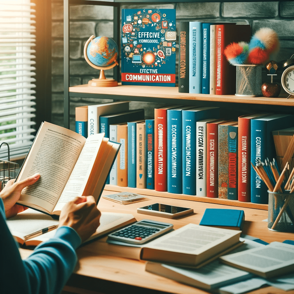 A study room setting featuring a desk and shelves stocked with various books and workbooks on effective communication. The books, with vibrant and colourful covers, are prominently displayed, some open to reveal engaging content. In the foreground, an individual is engrossed in reading one of these books, showcasing a deep focus on learning. The atmosphere is serene and conducive to study, perfectly encapsulating the theme of enhancing communication skills.