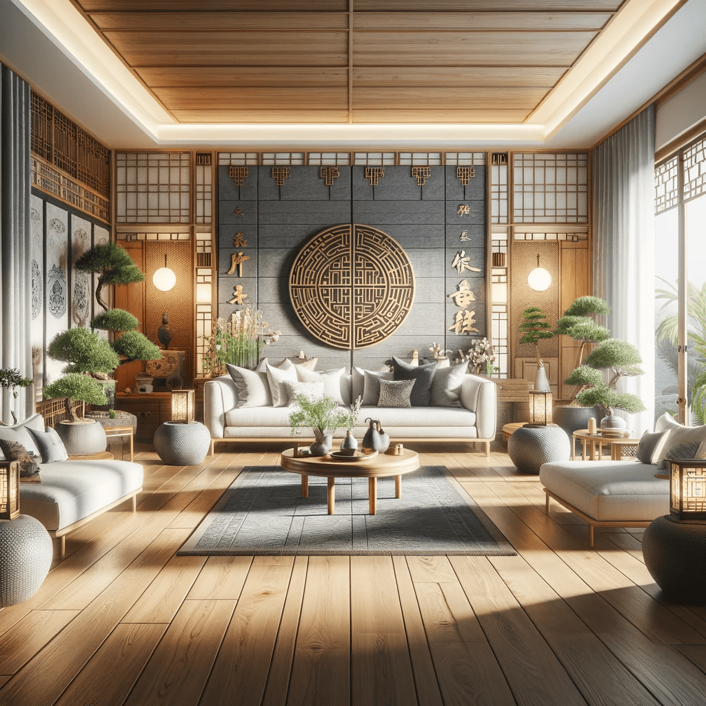 A harmoniously arranged living space embodying the ancient Chinese practice of Feng Shui. The room features a blend of natural materials and elements like wood, stone, plants, and water, arranged to promote positive energy flow. Strategic furniture placement optimizes spatial arrangement, focusing on symmetry and natural light, merging traditional Chinese aesthetics with modern design to create a sense of well-being and balance.