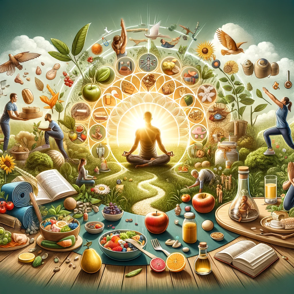 A depiction of holistic wellness, showing a person engaging in activities for physical, mental, and emotional health. The image includes exercise, meditation, healthy eating, and nature, symbolizing a balanced approach to overall well-being.