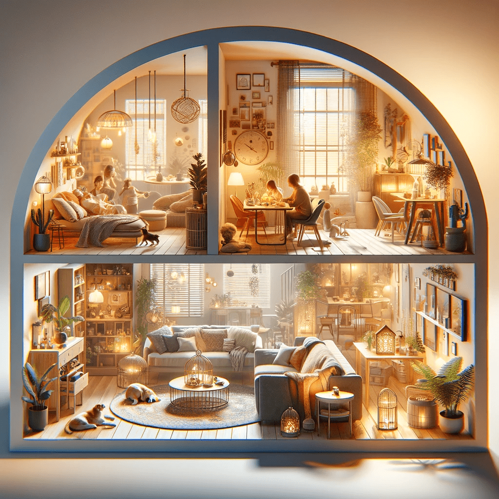 A depiction of a 'Happy Home' showing a cozy, welcoming living space with warm lighting and comfortable furnishings. The scene includes a family enjoying time together, a resting pet, and nature elements, creating a nurturing, safe, and loving environment.