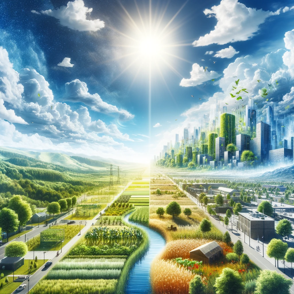 The depiction of 'Sunny Days Go' shows a landscape under continuous, clear, and bright sunny weather, featuring a vast, unobstructed blue sky and intense sunshine, highlighting elements of urban planning and environmental science.