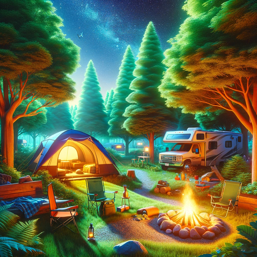 This image illustrates the concept of camping, showcasing a small, cozy campsite in a lush natural environment. A tent is nestled among verdant trees, creating a sense of seclusion and intimacy with nature. Nearby, a campfire crackles, surrounded by comfortable camping chairs, inviting relaxation and socializing under the open sky. The clear, starry night sky above adds a sense of tranquillity and wonder to the scene. In the distance, an RV is visible, indicating the diverse range of camping experiences from basic to more luxurious setups. The absence of any urban elements emphasizes the essence of camping as an escape from daily life, focusing on the harmony and beauty of nature.