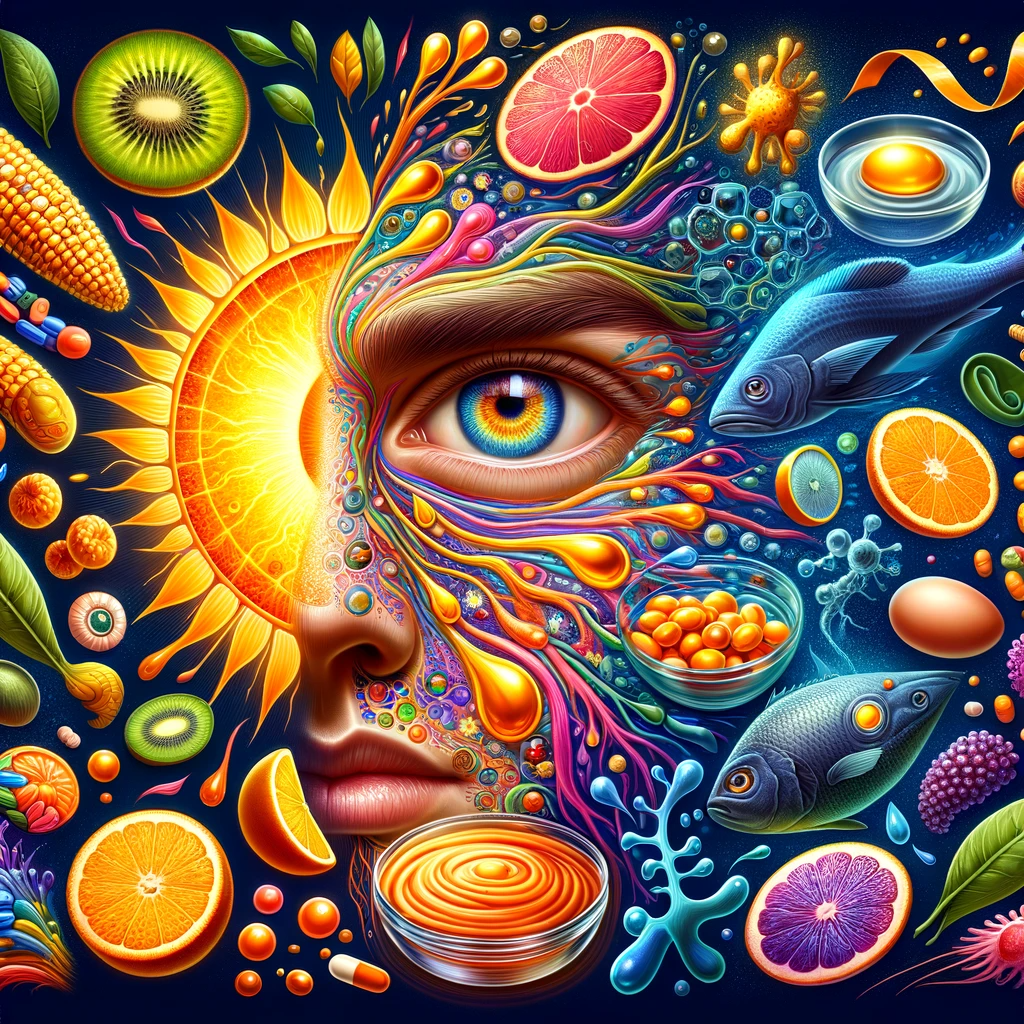 This image is a visual representation of the essential functions of Vitamin A, illustrating its significance in human health. The composition creatively integrates various elements that symbolize the critical roles of Vitamin A. A prominent feature is the human eye with a vibrant, clear iris, highlighting the vitamin's importance for healthy vision. Another part of the image displays smooth, glowing skin, reflecting Vitamin A's vital role in skin health. The artwork also includes dynamic illustrations of immune cells, emphasizing the vitamin's critical contribution to immune system functioning.
Additionally, the image contains colourful, protective motifs encircling cell-like structures, representing cell growth and Vitamin A's antioxidant properties. To depict the two forms of Vitamin A, the image showcases bright orange fruits and vegetables, rich in carotenoids, alongside food items like fish or eggs, sources of retinol. This visually rich and informative image underscores Vitamin A's diverse and essential functions in the body.