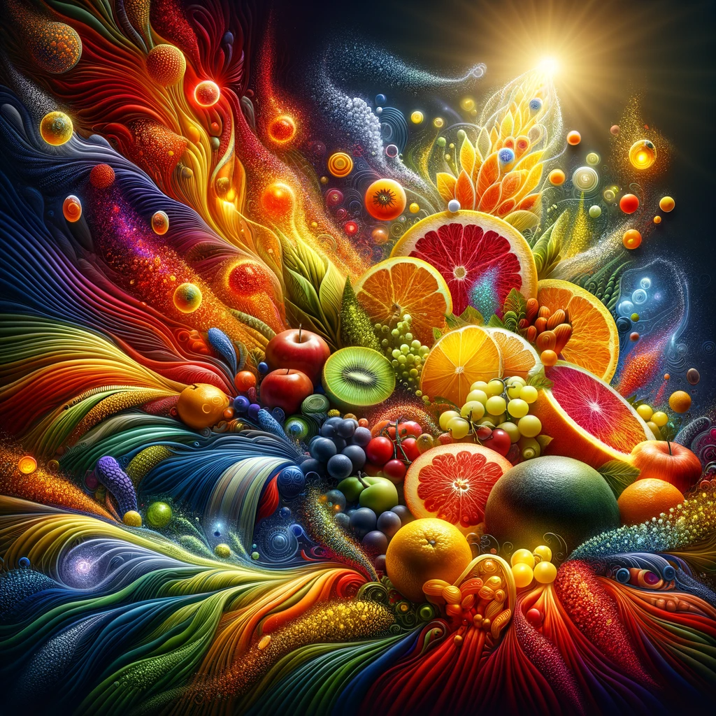 This image is a vibrant portrayal of carotenoids, showcasing a rich array of fruits and vegetables in vivid red, yellow, and orange. The fruits and vegetables are artistically arranged, highlighting their natural pigmentation and the diverse shapes and textures they possess. Intermingled with these colourful foods are abstract representations of plant cells engaged in photosynthesis, depicted with light particles and colourful waves to symbolize the process. The image also includes visual metaphors for the antioxidant properties of carotenoids, with protective designs encircling the plant cells, signifying their role in defending against free radical damage. Overall, the image is a dynamic and colourful celebration of natural carotenoids' beauty and functional significance, emphasizing their essential role in adding vibrant colours to our diet and protecting plant health.