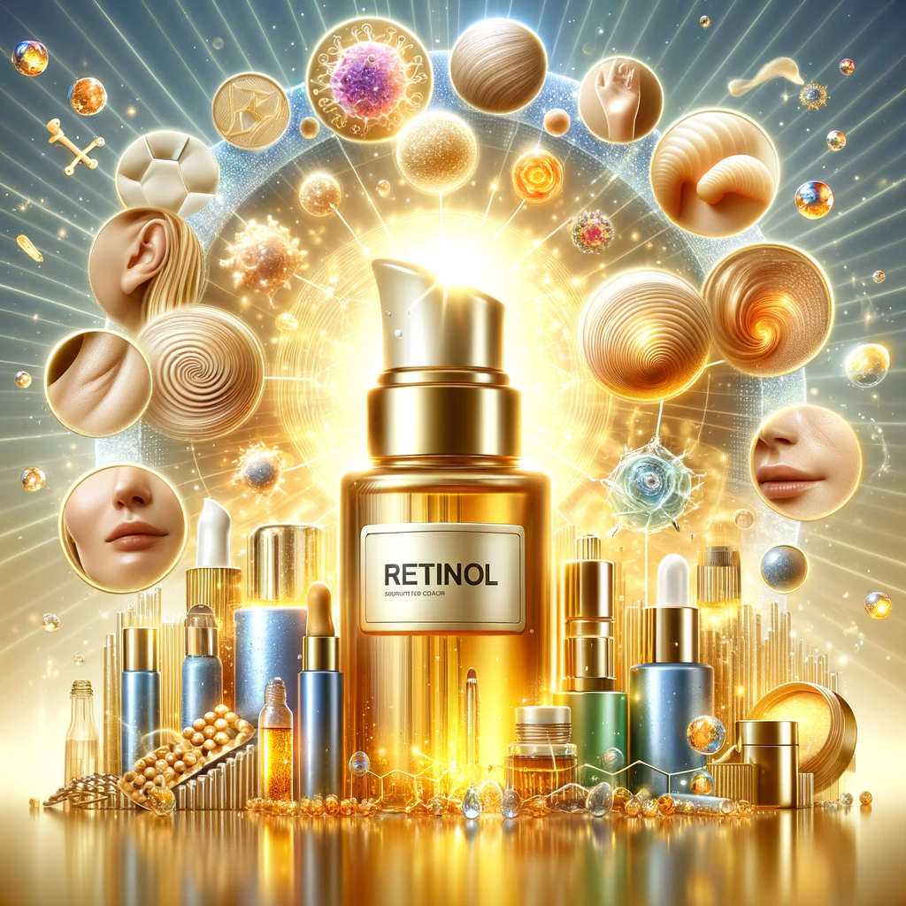 This image depicts a conceptual representation of the skincare ingredient 'Retinol.' At the center is a radiant, golden bottle symbolically labelled 'Retinol,' surrounded by various skincare products, emphasizing its significance in skin health. The scene includes visual metaphors illustrating the benefits of retinol, such as smoother skin texture, reduced wrinkles, and even skin tone. More minor elements around the bottle represent cellular turnover and collagen production, highlighting the critical actions of retinol. The background features a radiant, youthful-looking skin texture, subtly suggesting the rejuvenating effect of retinol on the skin. The composition conveys the idea of retinol as essential in maintaining skin health and promoting a youthful appearance tailored to individual skin needs.