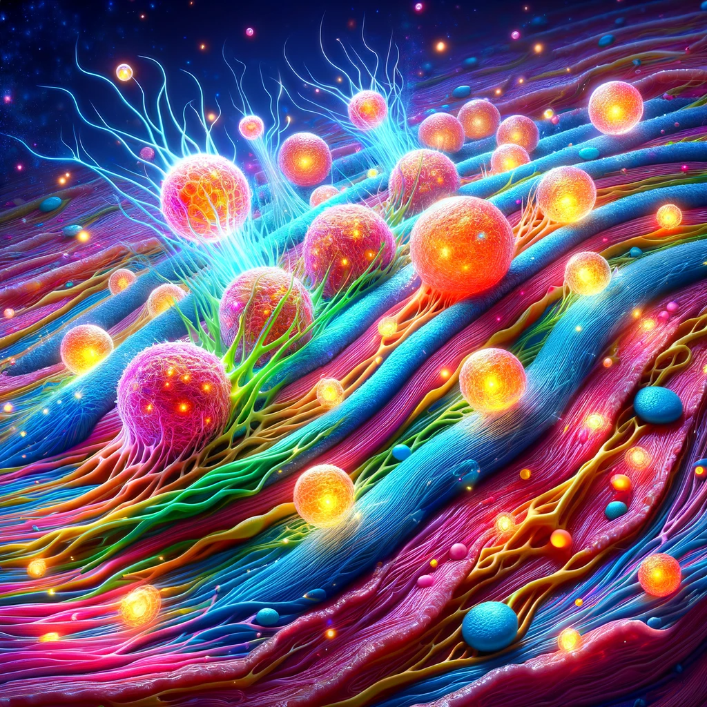 This image is a dynamic and colourful depiction of fibroblasts, essential cells in skin health. It shows vibrant fibroblast cells in connective tissue, actively synthesizing and secreting proteins like collagen and elastin. These processes are illustrated by glowing, fibrous strands extending from the cells. The background features a detailed cross-section of skin layers, underscoring the vital role of fibroblasts in maintaining skin structure and elasticity. The image also includes visual metaphors for wound healing, tissue repair, and skin regeneration, emphasizing the fibroblasts' critical contributions to the skin's structural framework and youthful, healthy appearance. This vivid representation captures the essence of fibroblasts in skin health and rejuvenation.