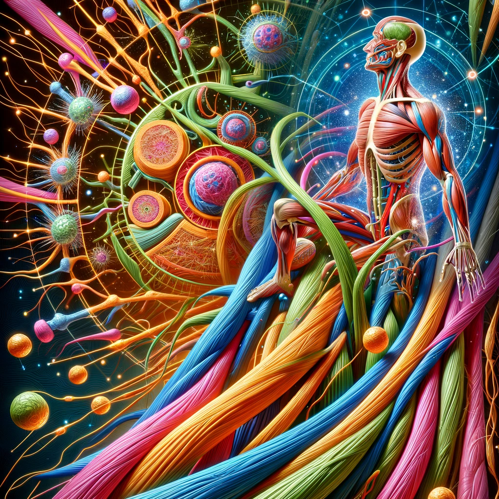 This image provides a dynamic and colourful portrayal of Collagen within the context of the human body. It features collagen fibres as vital, intertwined strands, vividly depicted to demonstrate their role in providing support and elasticity to various tissues, including skin, bones, tendons, ligaments, and cartilage. These essential fibres are illustrated within different body parts, emphasizing their critical function in maintaining structural integrity and flexibility. The image's background subtly reflects the concept of aging, with visual elements that contrast the youthful, firm appearance of skin and tissues supported by abundant collagen with signs of aging, such as wrinkles and weaker joints, indicative of decreased collagen production. This representation effectively captures the indispensable role of Collagen in maintaining the body's structural health and resilience against aging.